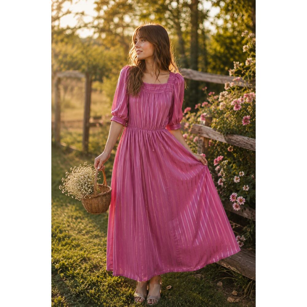 Vintage 70s Pink Hostess Dress Prairie Cottagecore Jacquard Boho Large Feminine
